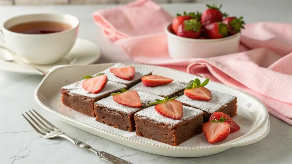 Perfectly cut strawberry brownies served with fresh strawberries
