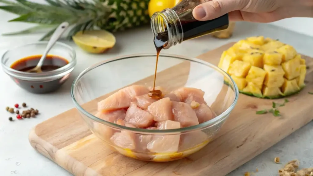 Chicken marinating in pineapple juice and soy sauce.