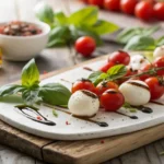 Mini Mozzarella Balls on a rustic cheese board with basil and tomatoes.