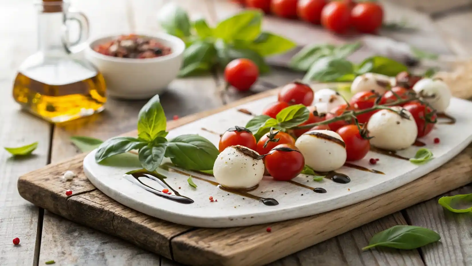 Mini Mozzarella Balls on a rustic cheese board with basil and tomatoes.