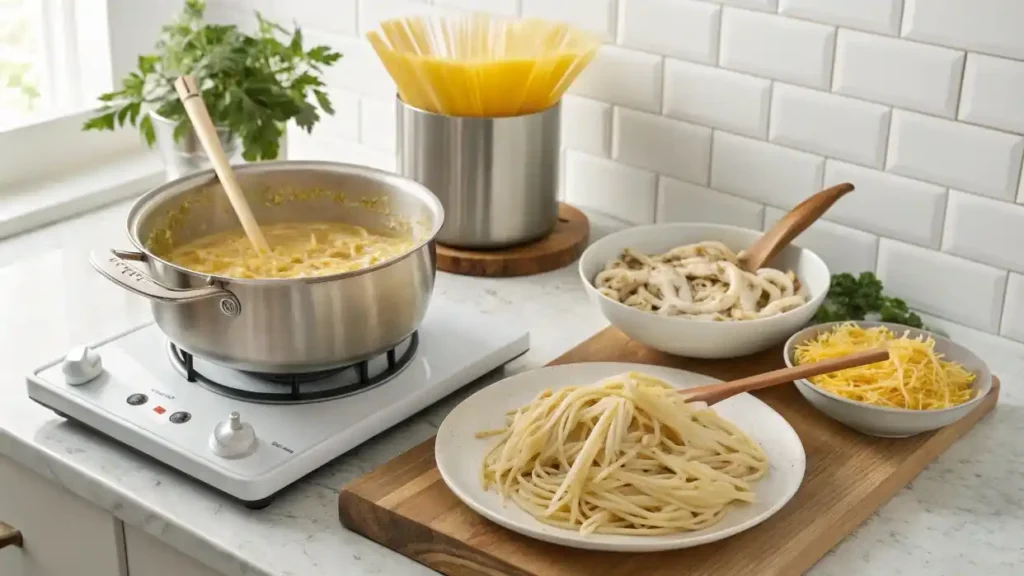 Comparison of one-pot chicken spaghetti and baked chicken spaghetti side by side.