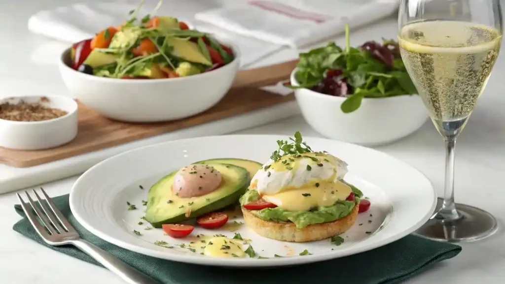 Avocado Eggs Benedict with side salad and wine