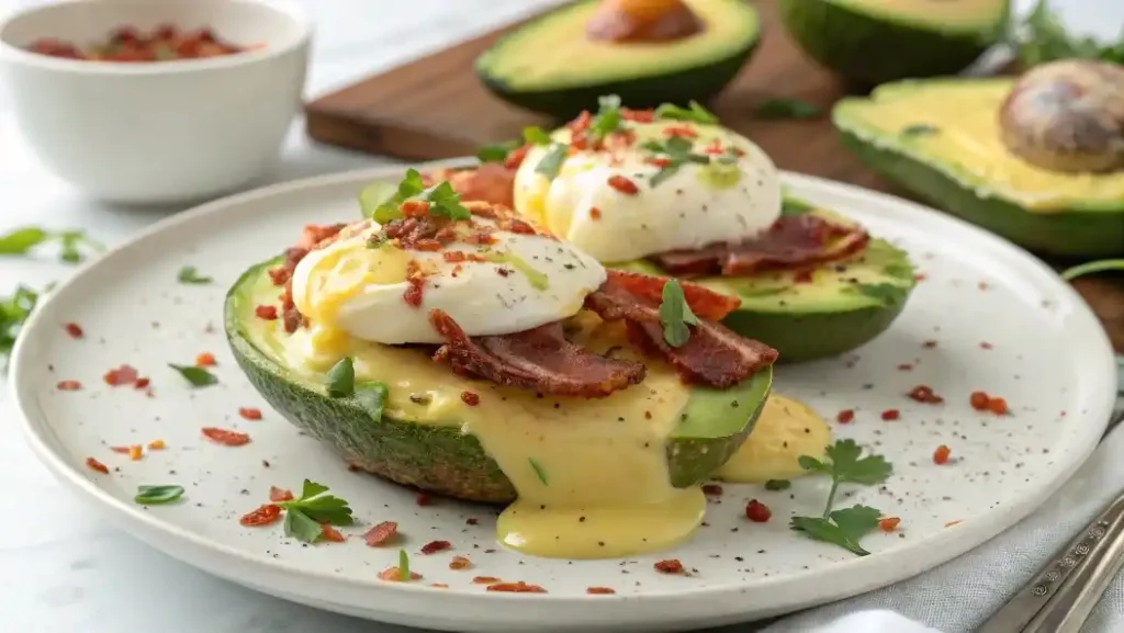 Final assembly of Avocado Eggs Benedict