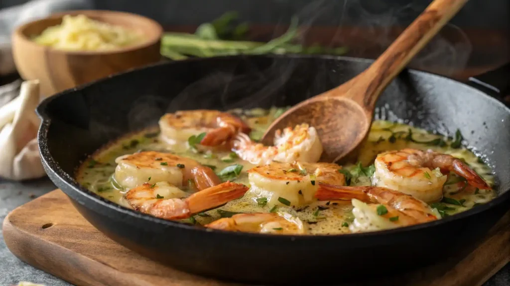 Shrimp cooking in garlic butter in a skillet.