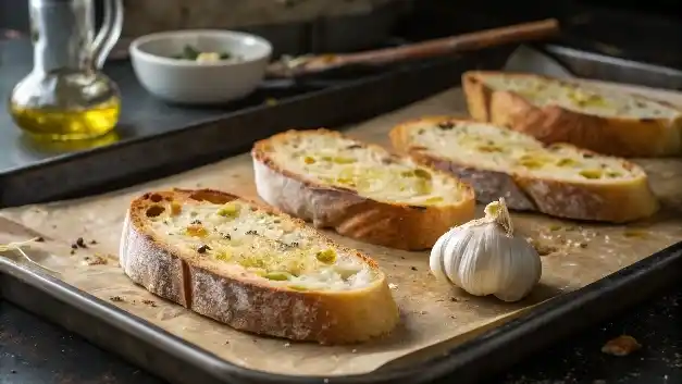 Ciabatta bread toasting in an oven with a garlic clove nearby