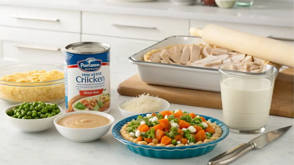 Ingredients for Pillsbury Chicken Pot Pie laid out on a kitchen counter