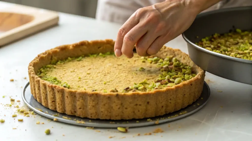 Pressing Pistachio Graham Cracker Crust into Pan