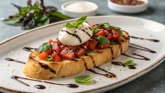 A plated restaurant-style burrata bruschetta with balsamic drizzle
