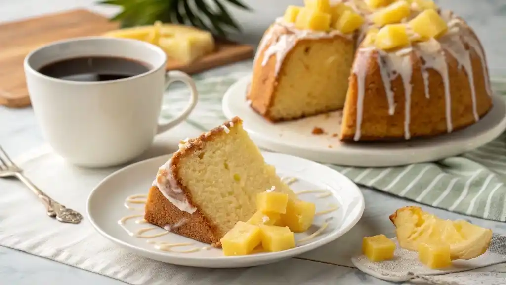 A golden brown Pineapple Cream Cheese Pound Cake with a vanilla-pineapple glaze dripping down the sides, served on a wooden cake stand