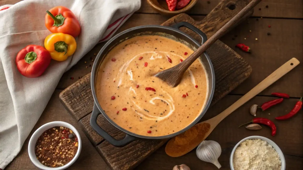 Cooking Cajun Cream Sauce in a saucepan with spices