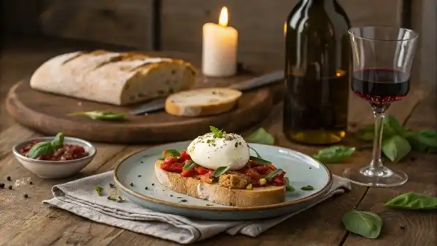 Burrata bruschetta served with a glass of red wine
