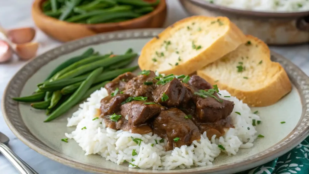 A plate of beef tips over rice, served with green beans and garlic bread on a rustic wooden table