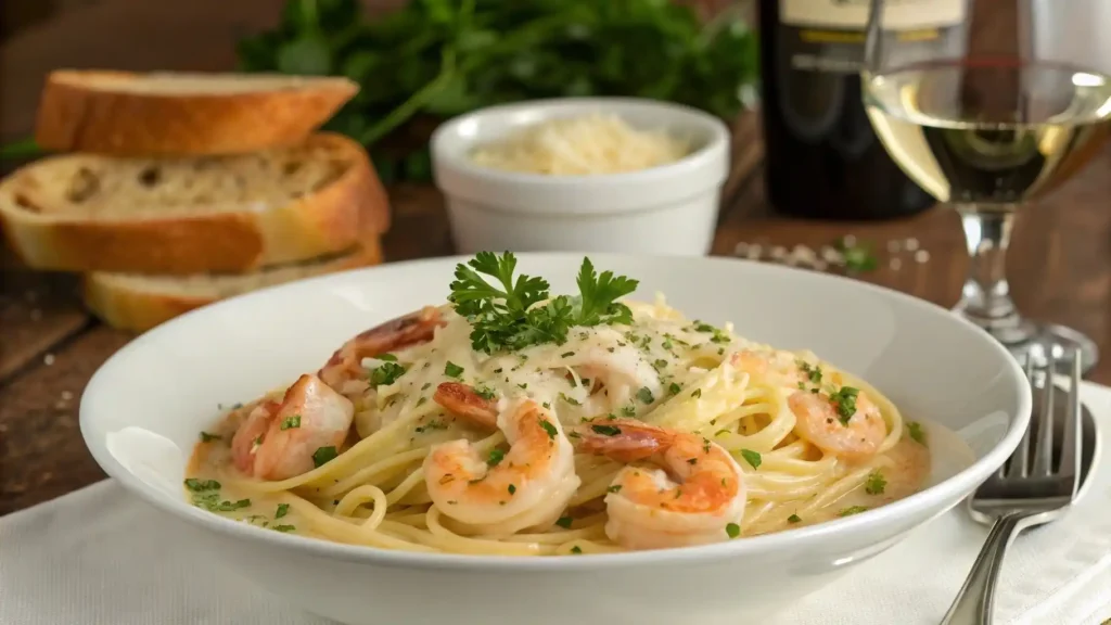 Creamy shrimp pasta served with white wine and salad.