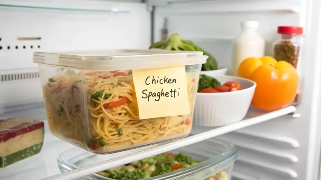 Leftover chicken spaghetti stored in an airtight container inside a refrigerator