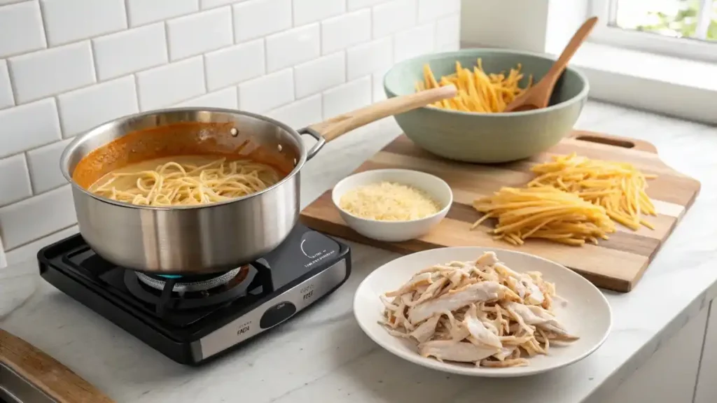 Step-by-step cooking process of chicken spaghetti: boiling pasta, shredded chicken, and cheese sauce preparation.