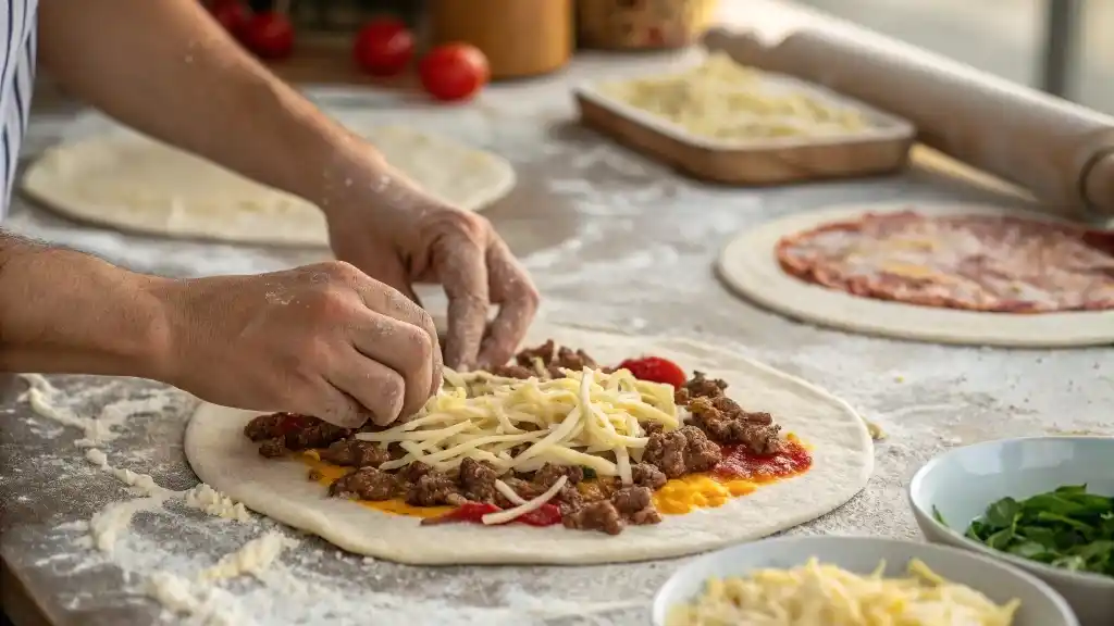 Rolling out dough for Garbage Bread with ground beef and vegetables