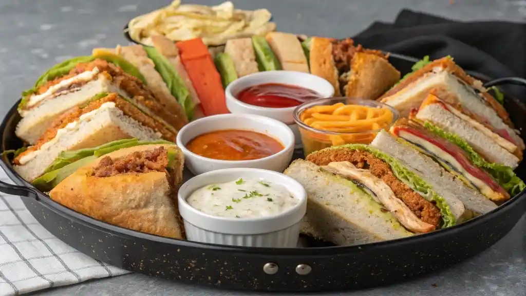 Assorted Garbage Bread slices with dipping sauces on a platter