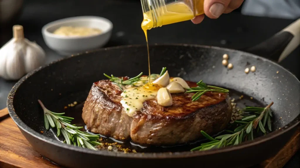 Chef basting a steak with garlic butter in a pan
