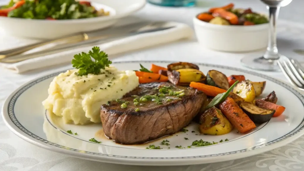 Plated garlic butter steak with roasted vegetables and mashed potatoes