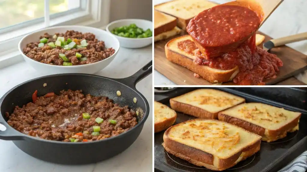 Step-by-step process of making Texas Toast Sloppy Joes from cooking beef to assembly