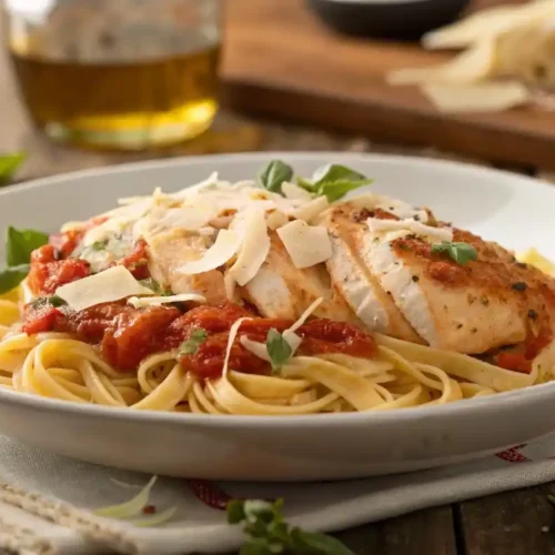 A bowl of creamy Marry Me Chicken Pasta garnished with Parmesan and basil.