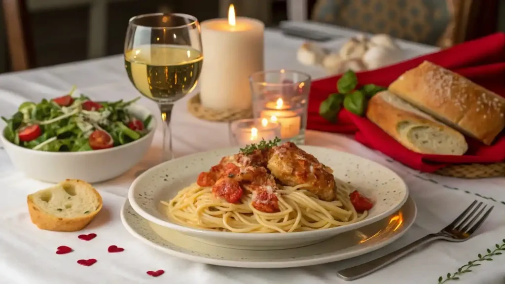 A romantic dinner setting with Marry Me Chicken Pasta, white wine, and garlic bread.