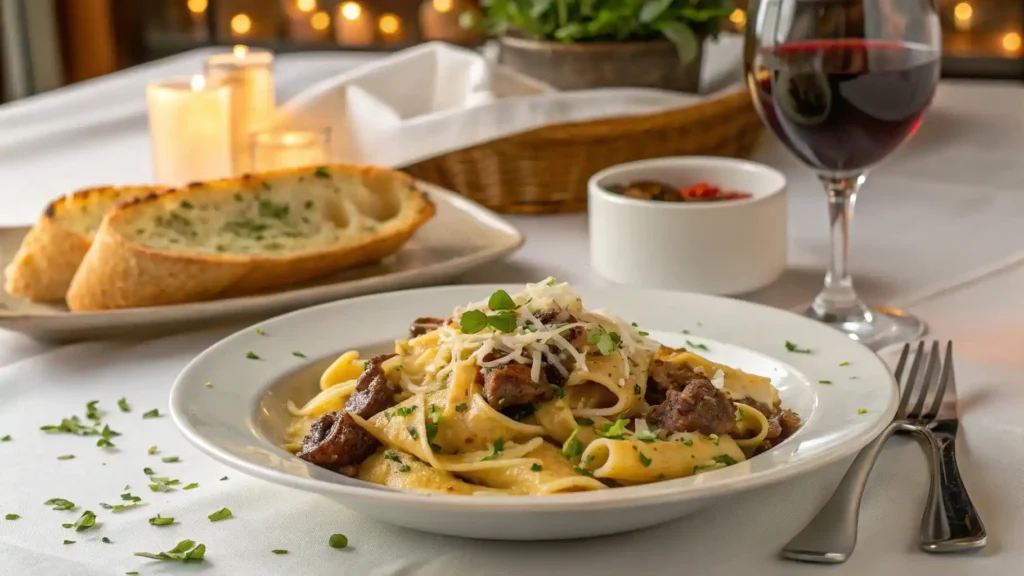 Serving of Philly Cheesesteak Pasta with garlic bread and wine