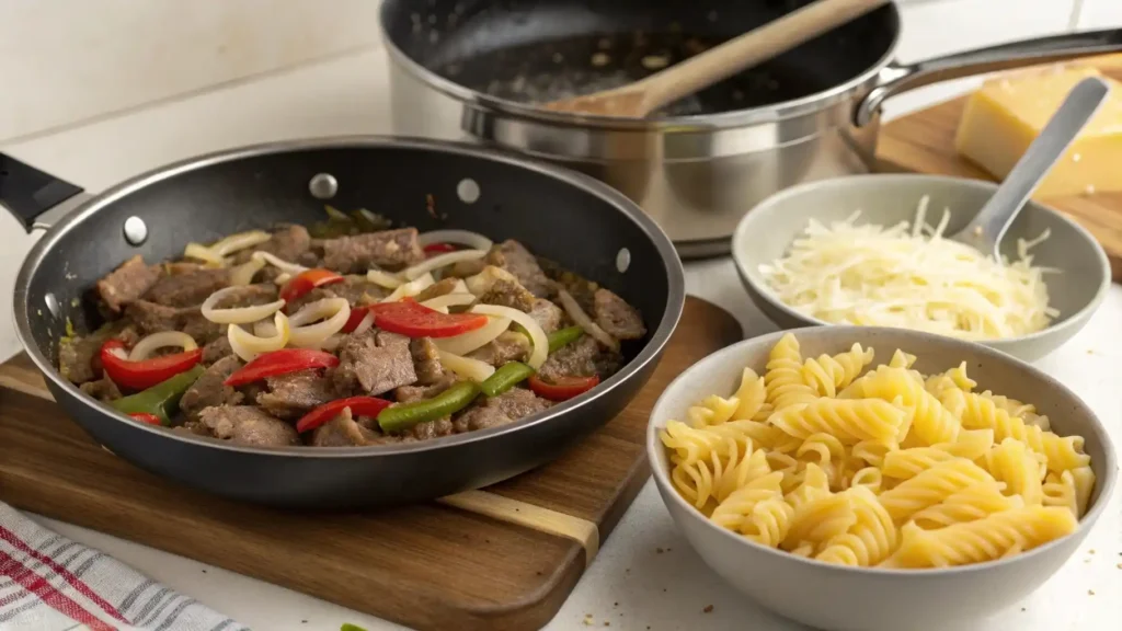 Cooking process of Philly Cheesesteak Pasta with beef, onions, and pasta