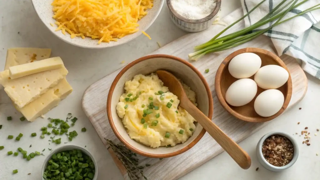 Ingredients for cheesy mashed potato puffs, including cheese, potatoes, and eggs