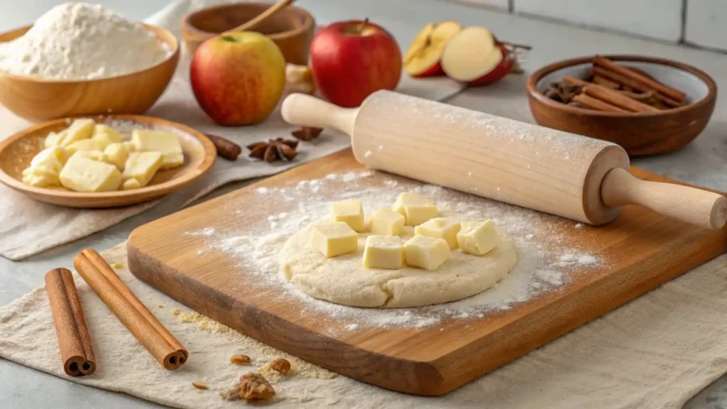 Preparing apple pie biscuit dough with cinnamon and butter