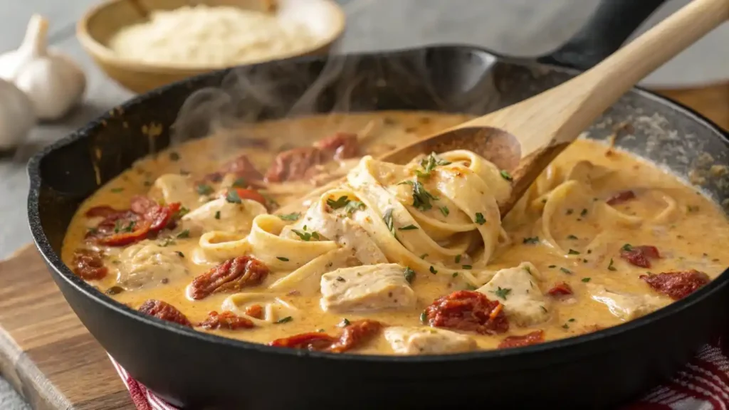 A skillet with Marry Me Chicken Pasta sauce simmering, with a wooden spoon stirring.