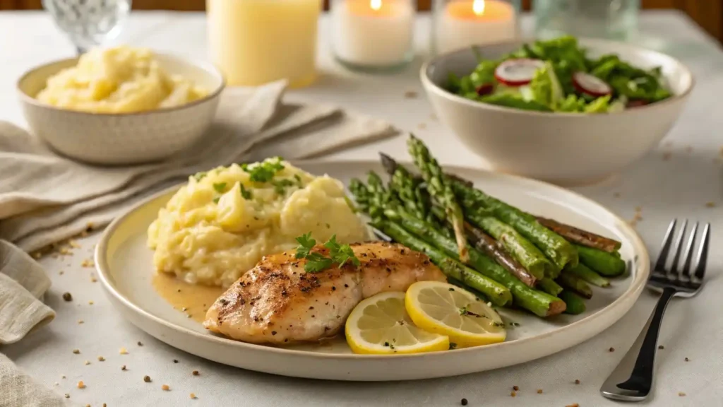 Lemon pepper chicken with mashed potatoes and asparagus