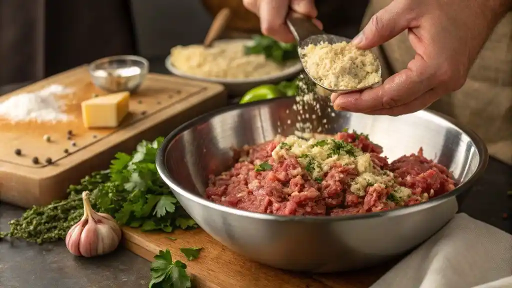 A chef mixing ground meats with fresh herbs and Parmesan for homemade meatballs