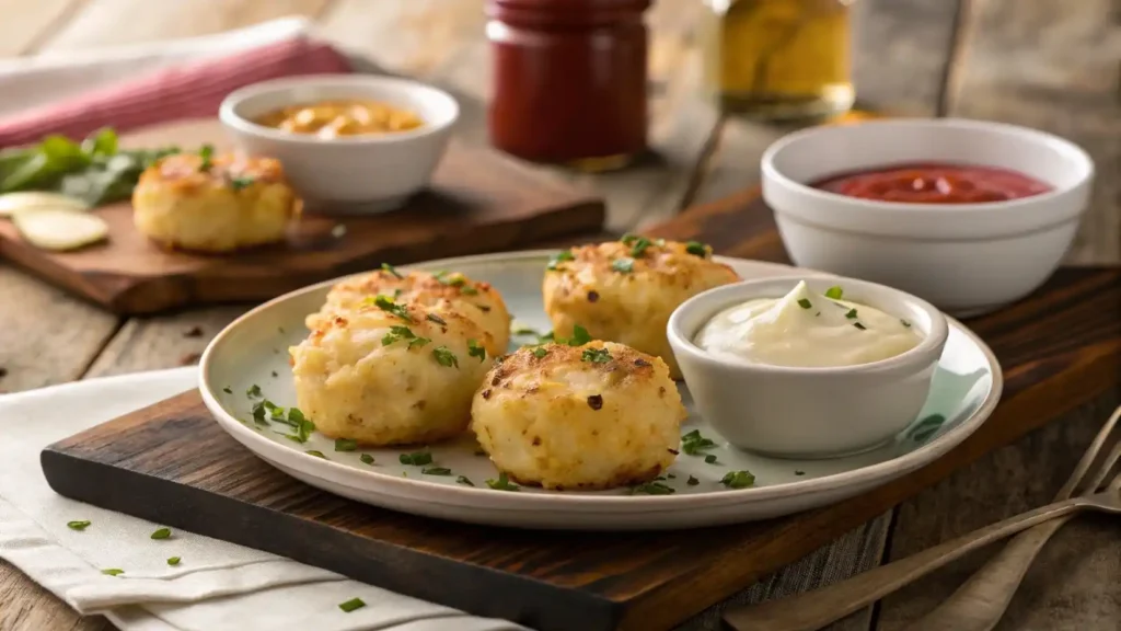 Cheesy mashed potato puffs served with sour cream and aioli dipping sauces