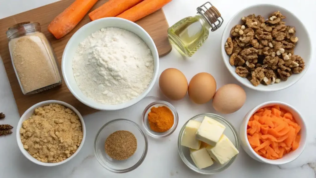 Carrot cake cookie ingredients arranged on a table