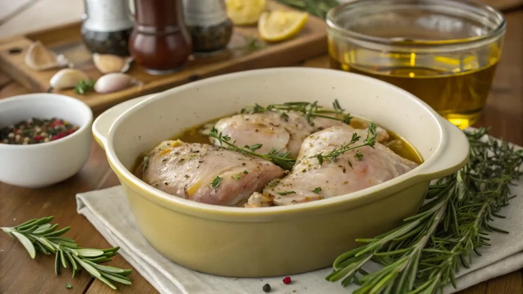 Chicken marinating with garlic and fresh herbs