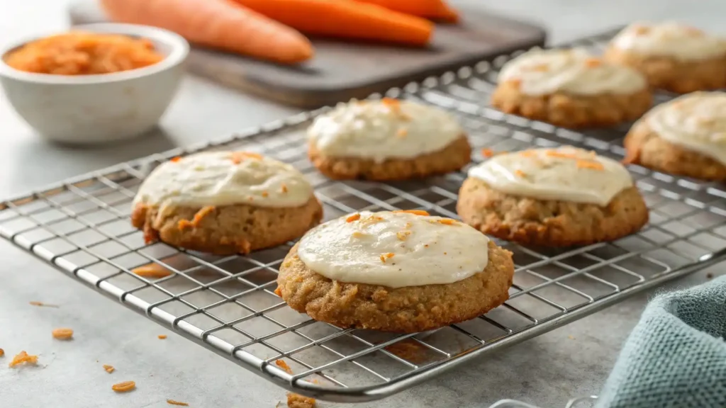 Carrot cake cookies cooling on a wire rack
