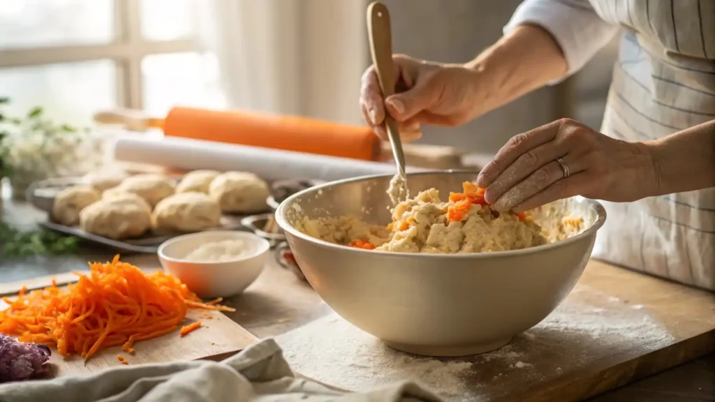 Mixing carrot cake cookie dough in a bowl