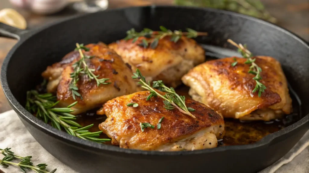 Garlic Herb Chicken cooking in cast iron skillet