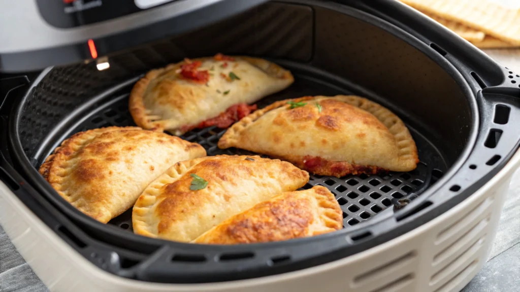 Chicken Alfredo calzones cooking in air fryer