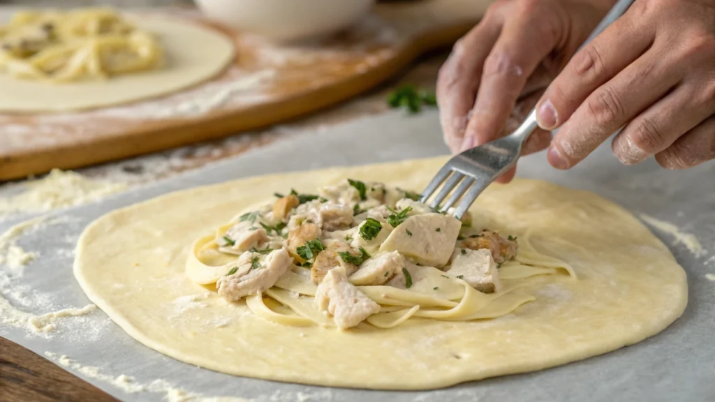 Chicken Alfredo calzone filling being mixed