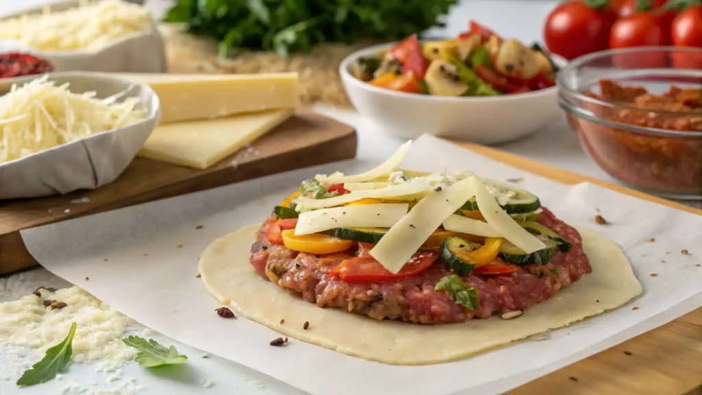 Layering cheese and peppers in meatloaf