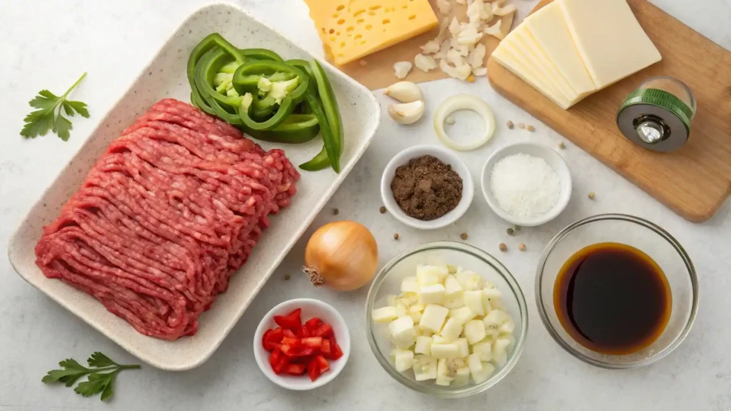 Philly Cheesesteak Meatloaf ingredients flat lay