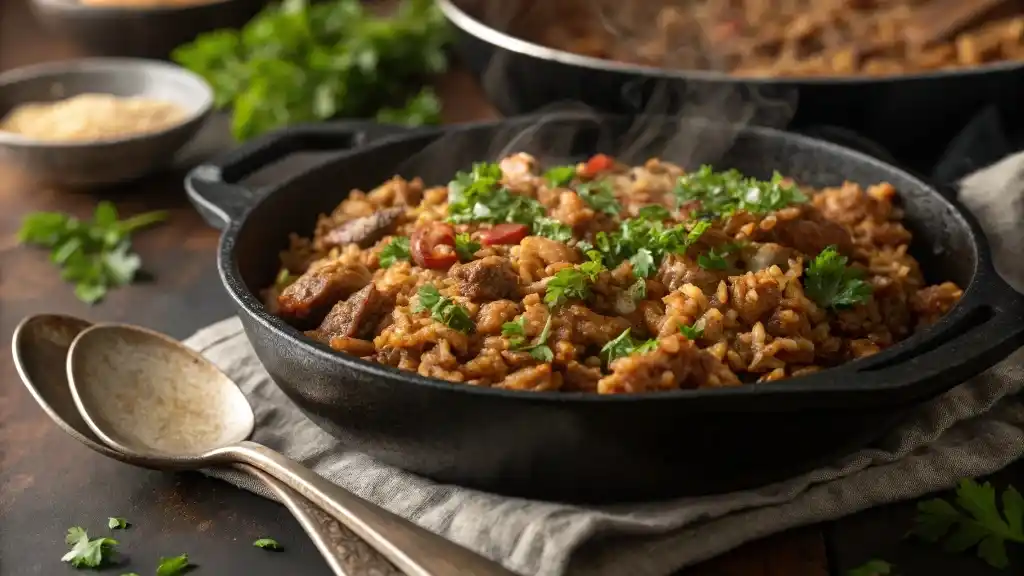 Dirty rice garnished in skillet
