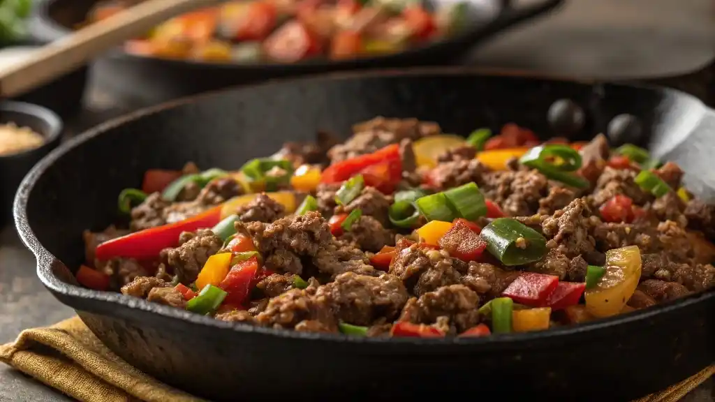 Browning ground beef in skillet
