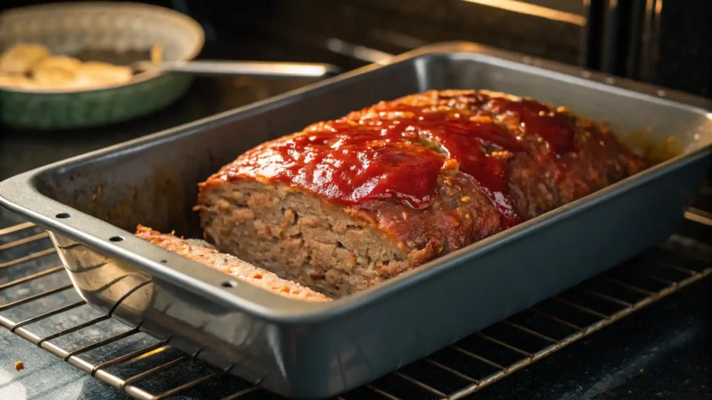 Philly Cheesesteak Meatloaf baking with glaze